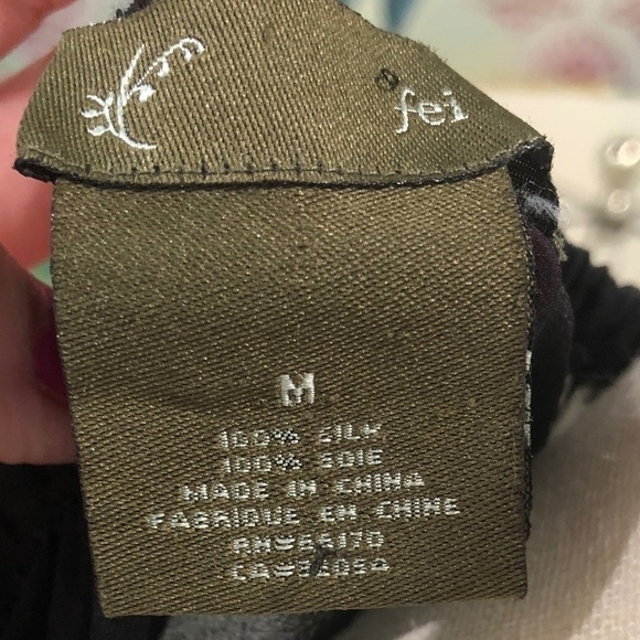 Anthropologie FEI Hibiscus Floral Pattern Sheer Silk Black Peasant Blouse M - Picture 10 of 11